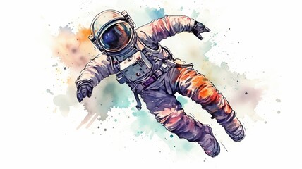 Wall Mural - astronaut and universe planets watercolor white background Generative AI