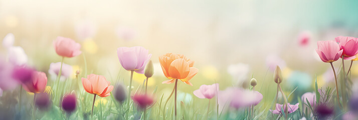 Wall Mural - Beautiful colourful bloomed flower field, summer soft background. Ai generated