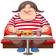 Sticker - Overweight woman eating fast food at the restaurant isolated