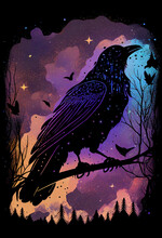 Raven Made Of The Night Sky; Galaxy Night Sky Raven Silhouette Design, Cosmic Jeweltone Colors Literary Mystical, Witchy Vibe With Nods To Odin And Edgar Allan Poe (generative AI, AI)