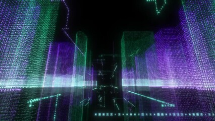 Poster - Technology abstract, binary and code, matrix with cyber space and global network with digital transformation. Coding, software or big data science and 3D rendering, connectivity or server programming