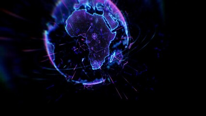 Poster - Global network, globe hologram with worldwide communication and map with digital transformation. 3D universe, animation and world server connection, technology abstract isolated on dark background