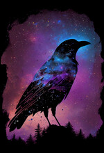Raven Made Of The Night Sky; Galaxy Night Sky Raven Silhouette Design, Cosmic Jeweltone Colors Literary Mystical, Witchy Vibe With Nods To Odin And Edgar Allan Poe (generative AI, AI)