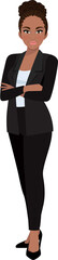 Wall Mural - Black businesswoman or American African female character crossed arms pose in black suit cartoon character