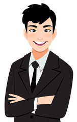 Wall Mural - Businessman or male character crossed arms pose in black suit half body cartoon character