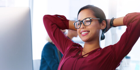 Aufkleber - Relax, computer and a business woman done working for the day in her office with her hands behind her head. Happy, flare and complete with a young female employee at work online using a desktop