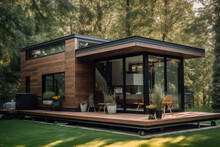 Modular Wooden House On Wheels With Flat Roof And Big Windows All Around. Modern And Elegant Style, With An Outdoor Living Area, Generative AI