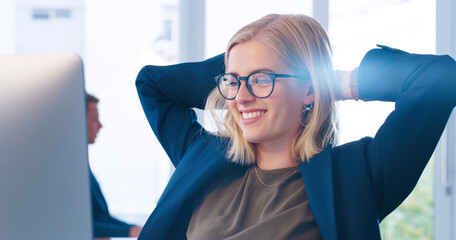 Aufkleber - Relax, computer and a business woman done with work for the day in her office with her hands behind her head. Happy, flare and complete with a young female employee working online using a desktop