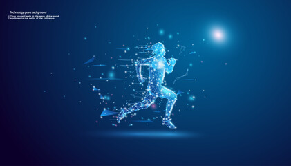 Poster - Abstract running man form lines and triangles, point connecting network on blue background.