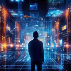 digital graphics futuristic 3d concept, big data center chief technology officer using laptop standi