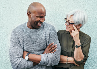 Poster - Elderly, business and friends on wall in the outdoor have conversation about work. Creative, team and working together with white background and talking with smile about people and startup career