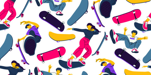 Wall Mural - A pattern with a girl and guys on skateboards. Teenage figure skaters ride a skateboard. A hand-drawn vector illustration of bright teenagers on skateboards doing different tricks. Printing