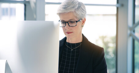 Poster - Email, business and a woman with a computer in an office for communication and administration. Corporate, internet and an employee with a pc for online work, reading information and connectivity