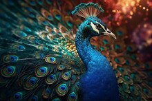 Beautiful Peacock With Colorful Feathers And Bokeh Background, Generative Ai