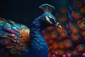 Naklejka na meble Beautiful peacock with colorful feathers, close-up shot, generative Ai