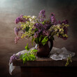Still life with a bouquet of lilacs in an earthenware jug on a dark background