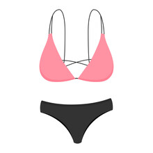 Pink Black Swimsuit. Women's Underwear. Summer Cartoon Illustration Of Beach Accessories. Isolated On White Background. Vector