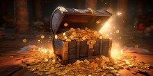 Treasure Chest On The Island Background, The Treasure Chest Is Full Of Gold Coins. Generative AI