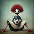 © el-bee - Fantasy persoon with red wig sitting and the head of soccer ball. Created with generative AI technology.
