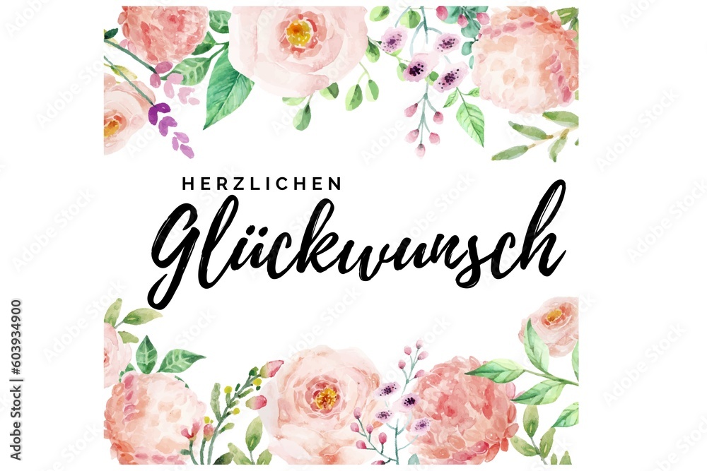 Herzlichen Glückwunsch Schriftzug mit rosa und lila Blumen gezeichnet ...