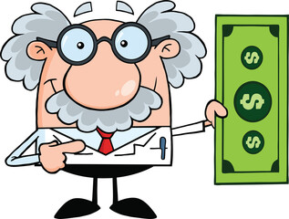 Scientist Or Professor Showing A Dollar Bill. Hand Drawn Illustration Isolated On Transparent Background