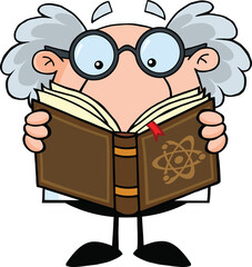 Funny Scientist Or Professor Reading A Book. Hand Drawn Illustration Isolated On Transparent Background