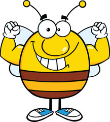 Wall Mural - Smiling Pudgy Bee Cartoon Mascot Character Showing Muscle Arms. Hand Drawn Illustration Isolated On Transparent Background