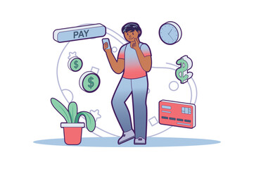 Aufkleber - Concept Online payment with people scene in the flat cartoon design. Man pay for all their goods and services through online banking using only the phone. Vector illustration.