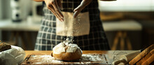 Shot Of Unrecognizable Baker In Apron Preparing Dough Pastry With White Flour