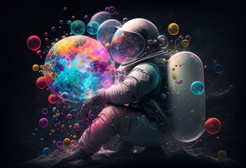 Astronaut in outer space with colorful planet. 3D rendering generative ai