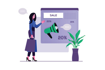 Aufkleber - Concept Marketing with people scene in the flat cartoon design. The marketer develops the concept of sales with discounts. Vector illustration.