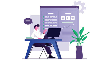 Poster - Concept Software developers with people scene in the flat cartoon design. A software engineer develops new software for clients. Vector illustration.