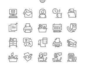 Poster - Secretary. Call center operator. Office, book, coffee break. Support service. Pixel Perfect Vector Thin Line Icons. Simple Minimal Pictogram