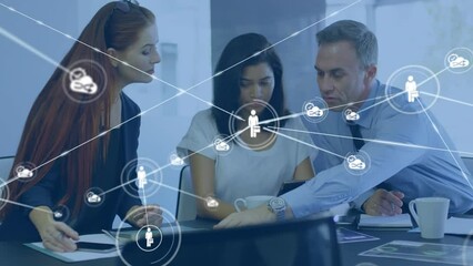 Poster - Animation of network of connections over diverse business people using electronic devices