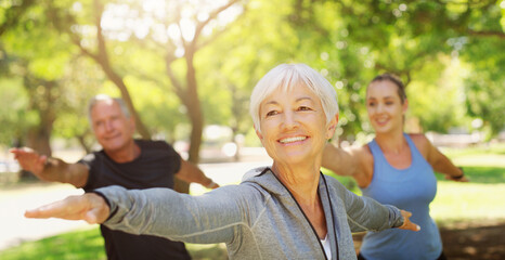 Wall Mural - Yoga, fitness and an old couple with their personal trainer in a park for a health or active lifestyle. Exercise, wellness or zen and senior people outdoor for a workout with their pilates coach