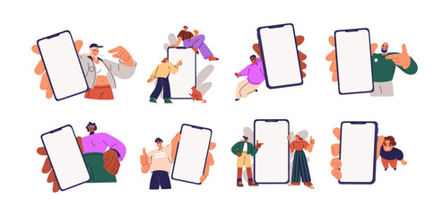 Persons showing mobile phone screen mockups set. Happy people holding big blank smartphone displays in hands, recommending application. Flat graphic vector illustrations isolated on white background