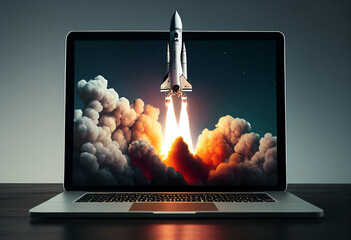 Rocket coming out of a laptop screen on a dark background. 3d rendering. generative ai