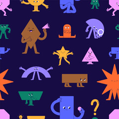 Poster - Cute geometry, seamless pattern. Geometric shapes, funny characters with face expressions, emotions, repeating print. Endless background, repeatable texture. Colored flat graphic vector illustration