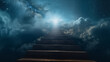 Ascending steps guide towards the heavenly sky, where the luminous light awaits Generative AI