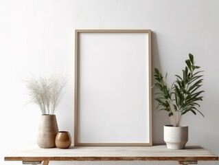 Wall Mural - Still life interior. Blank picture, wooden frame mockup, monstera leaves, wooden table. Minimal decor concept. Empty wall background.