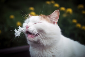 Cat sneezing after smelling flowers. Allergy metaphor with funny kitten. Generated AI.