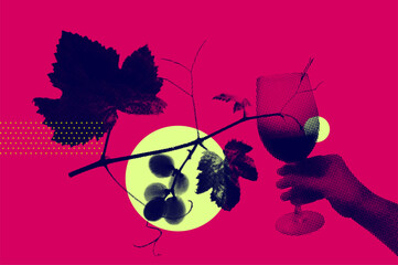 Halftone image hand with glass of wine and vine leaves. Vector background