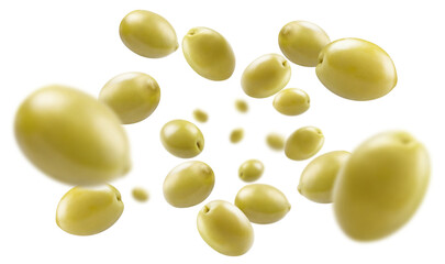 Wall Mural - Flying delicious green olives, cut out