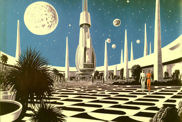 Canvas Print - Retrofuturistic landscape in 80s sci-fi style. Retro science fiction scene with futuristic buildings. Generated AI.