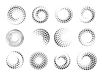 Set of black thick halftone dotted speed lines. Speed lines in circle form. Geometric art. Design element for frame, logo, tattoo, web pages, prints, posters, template, abstract vector background.
