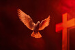 Pentecost Sunday. Flying white dove in fire background. Symbol of the Holy Spirit descent upon the Apostles and other followers of Jesus. Generative AI