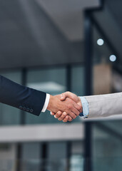 Aufkleber - Handshake, recruitment and hands of business men in office for hiring, partnership deal and thank you. Corporate, collaboration and male workers shaking hands for onboarding, support and teamwork