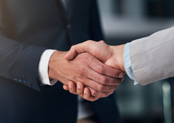 Sticker - Handshake, hiring and hands of business men in office for partnership, recruitment deal and thank you. Corporate, collaboration and male workers shaking hands for onboarding, agreement and teamwork