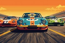 Vintage Style Motorsport Poster With Cars. Beautiful Illustration Picture. Generative AI