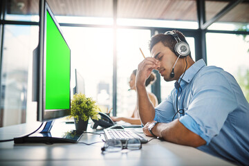Poster - Businessman, call center and headache with green screen in burnout, stress or overworked at office. Man person, consultant or agent with bad head pain or anxiety with mockup chromakey at workplace
